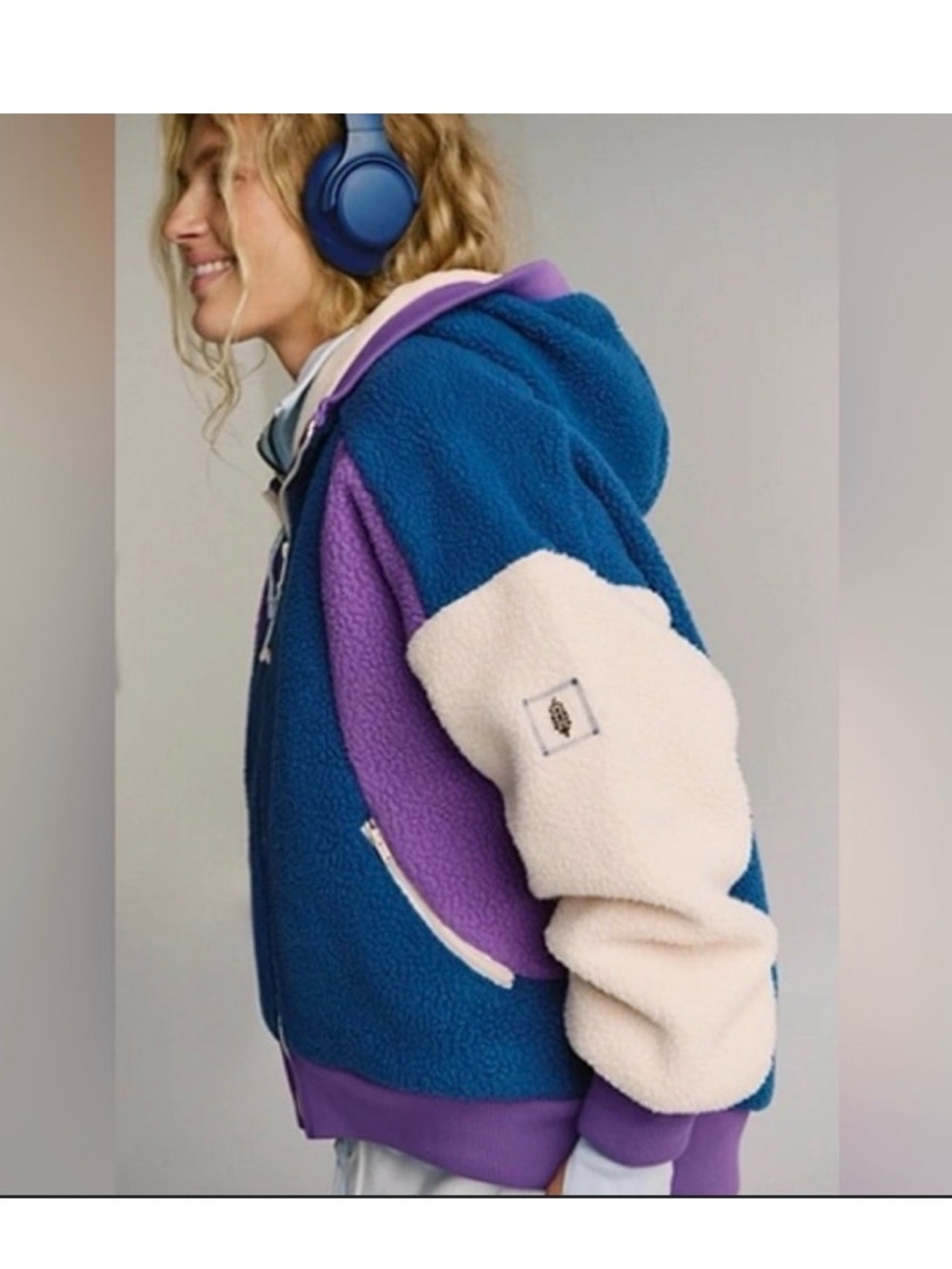 FP Movement by Free People Blue and Cream Sherpa Hoodie with Purple Trim - NWT